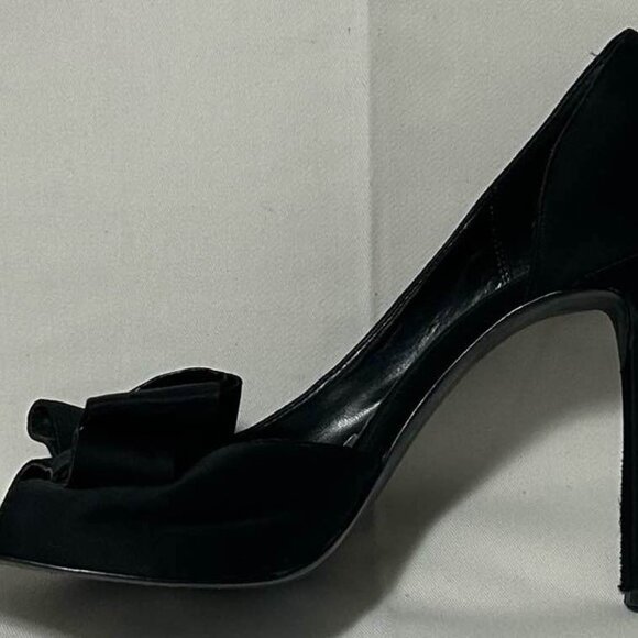 Michael - Black Satin Peep Toe Heels With Bow Accent - Picture 4 of 5